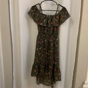 Olive Green with Roses High-Low Dress Off-Shoulder with Adjustable Straps
